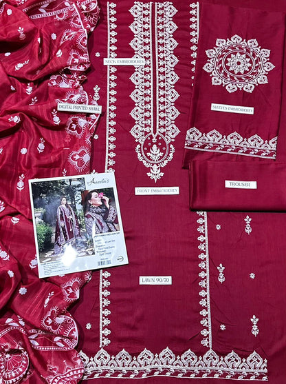 Aneela's Lawn 3-PCS Embroidered Mehroon Color