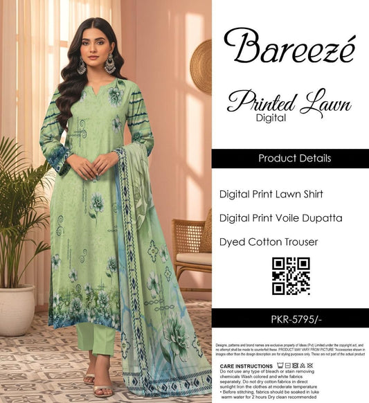Bareezé printed lawn shirt, voille dupatta, dyed cotton trouser