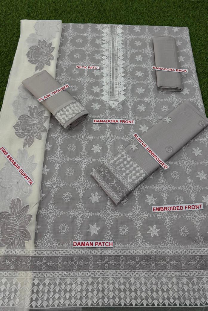 BANADORA LAWN 100-100*
3pc embroidered**Neck,Daman patch embroidered*