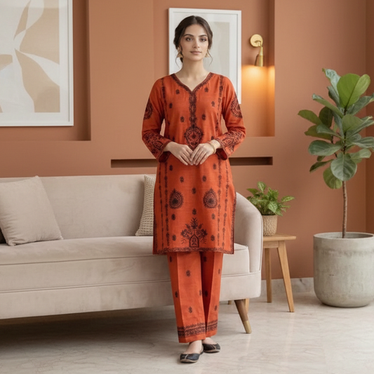 Cotton  Lawn, kurta set embroidered orange colour, 2pc