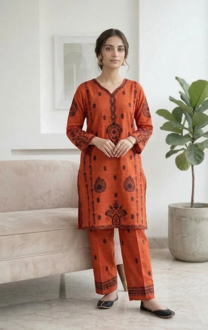 Cotton  Lawn, kurta set embroidered orange colour, 2pc