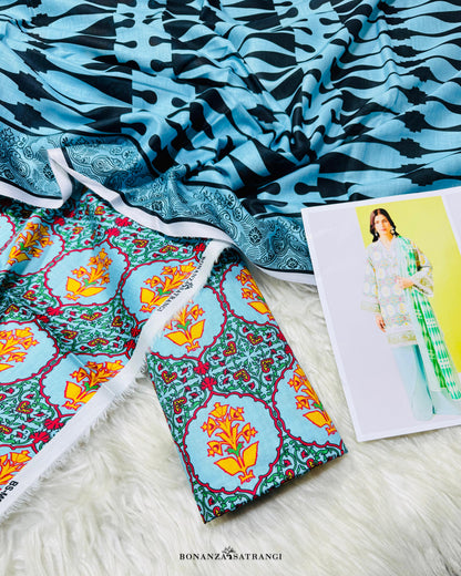 BONANZA SATRANGI*PREMIUM LAWN, PRINTED 90/70 Lawn Front,Back & Sleeves