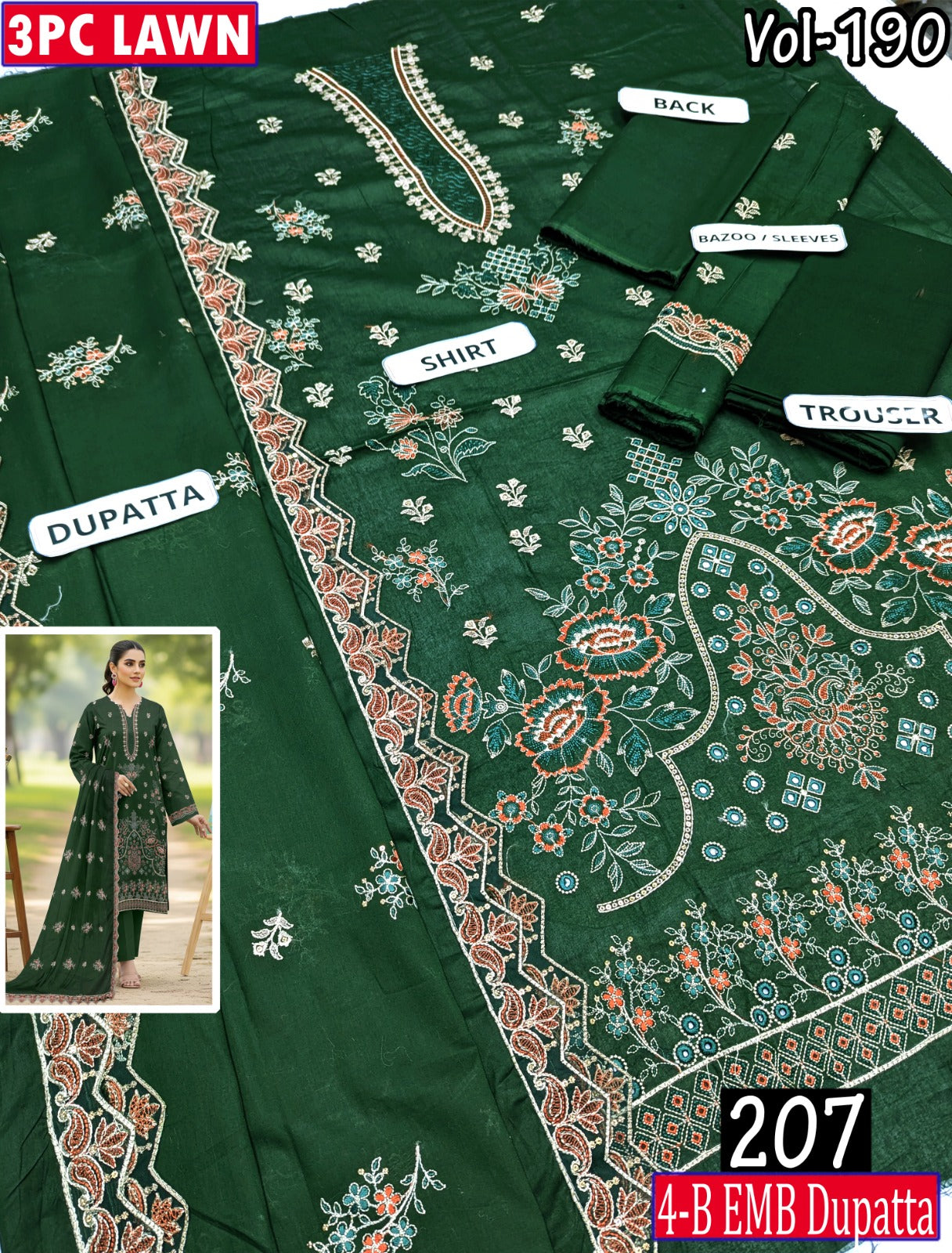 ESHAAL 3PC EMBR SEQUIN DAMAN WORK 4-BORDER LAWN DUPATTA