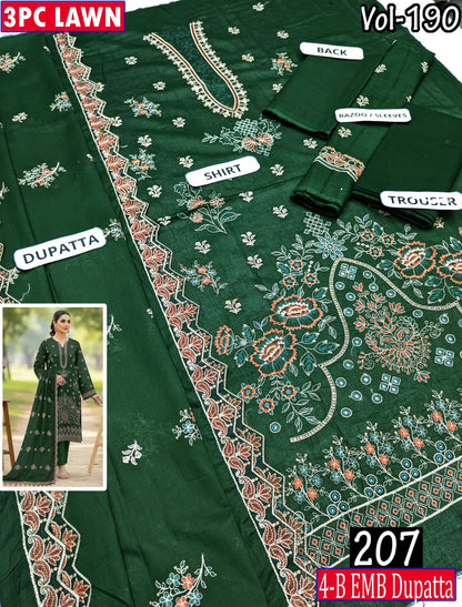 ESHAAL 3PC EMBR SEQUIN DAMAN WORK 4-BORDER LAWN DUPATTA