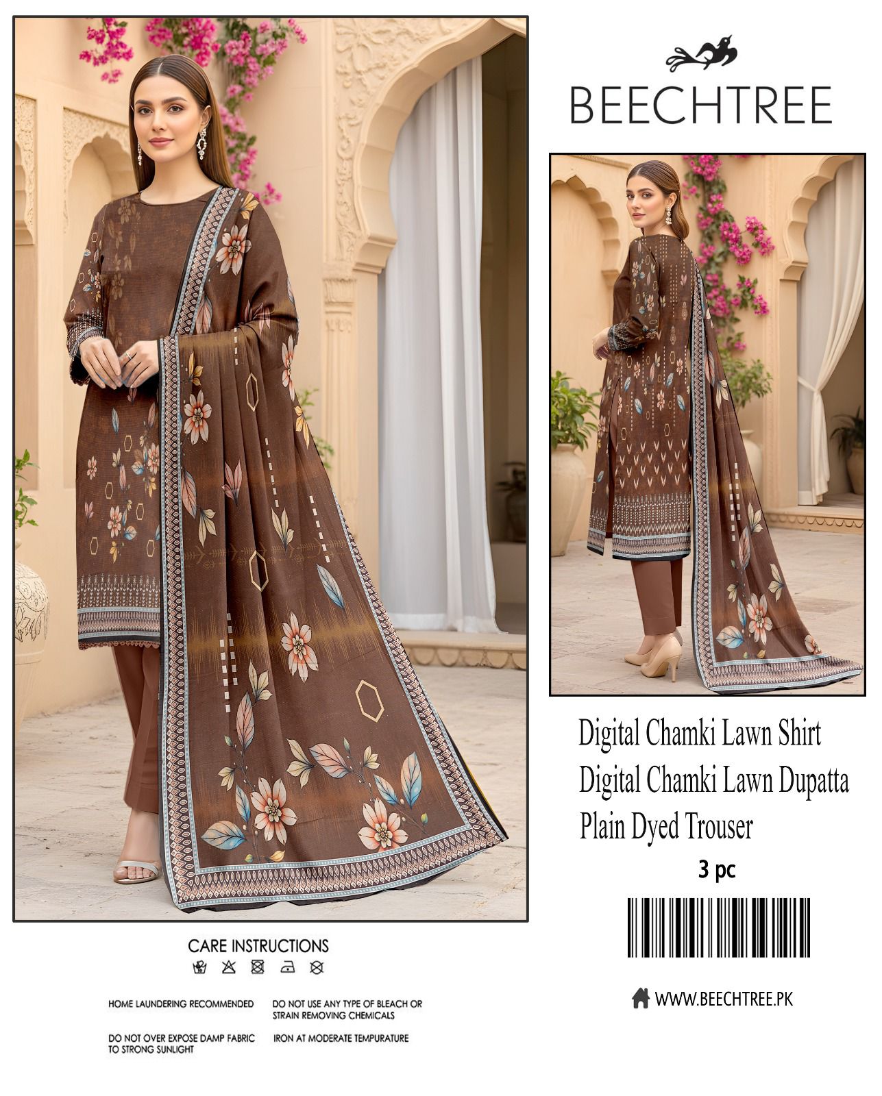 Beechtree, Digital Printed Chamki Lawn Shirt With Chamki Lawn Dupata Plain Dyed Trouser