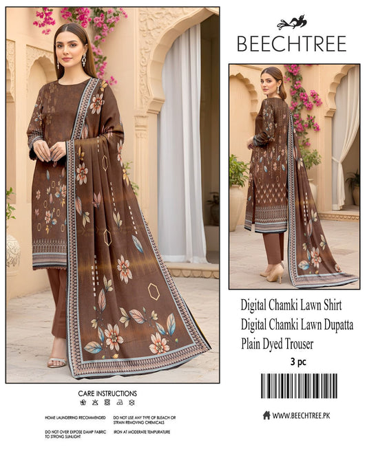 Beechtree, Digital Printed Chamki Lawn Shirt With Chamki Lawn Dupata Plain Dyed Trouser