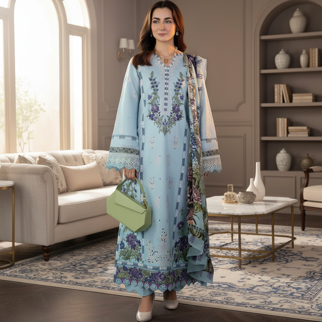 Jade Summer Collection: Quality Airjet Lawn with heavy embroidered,