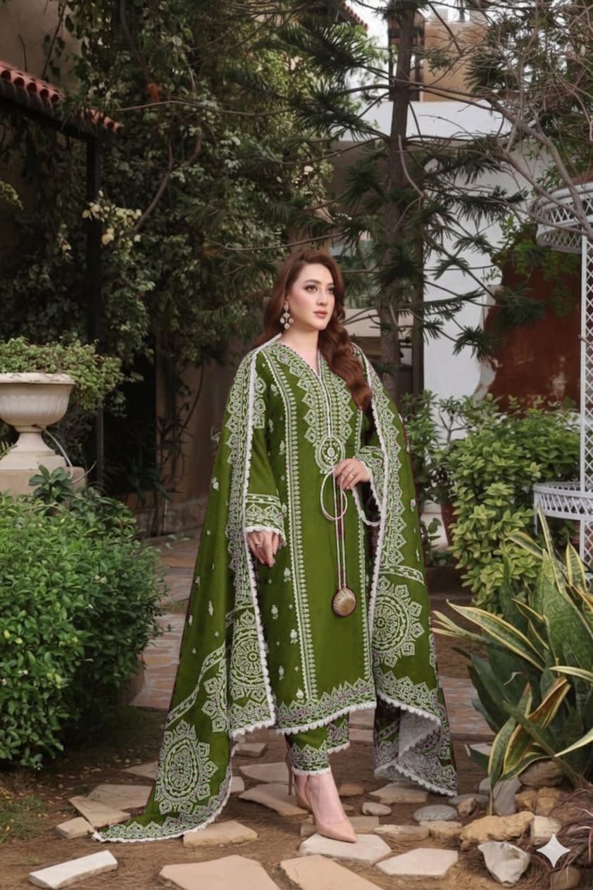Aneela's  Embroidered lawn  3Pcs, vibrant olive colour