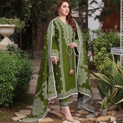 Aneela's  Embroidered lawn  3Pcs, vibrant olive colour