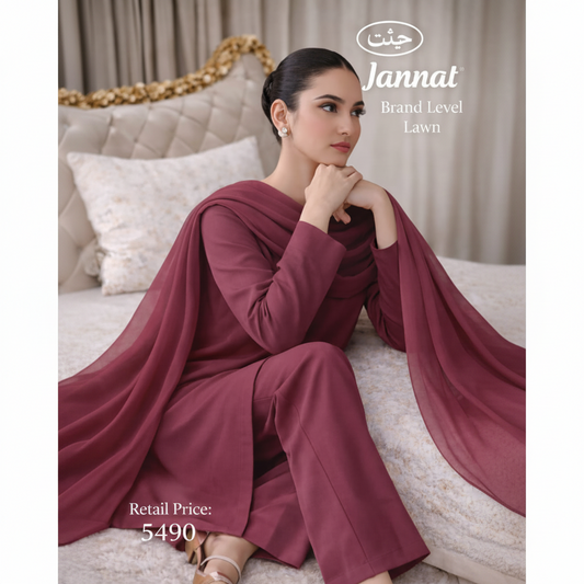 JANNAT BRAND- DYED BRANDED LAWN SHIRT,TROUSER, KRINKAL SHAFOON DUPPATA