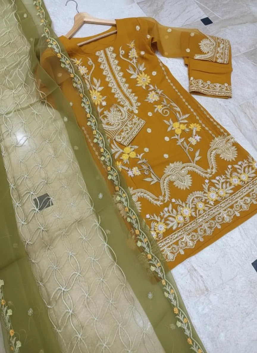 Women's embroidered stitched organza Dress 3Pcs