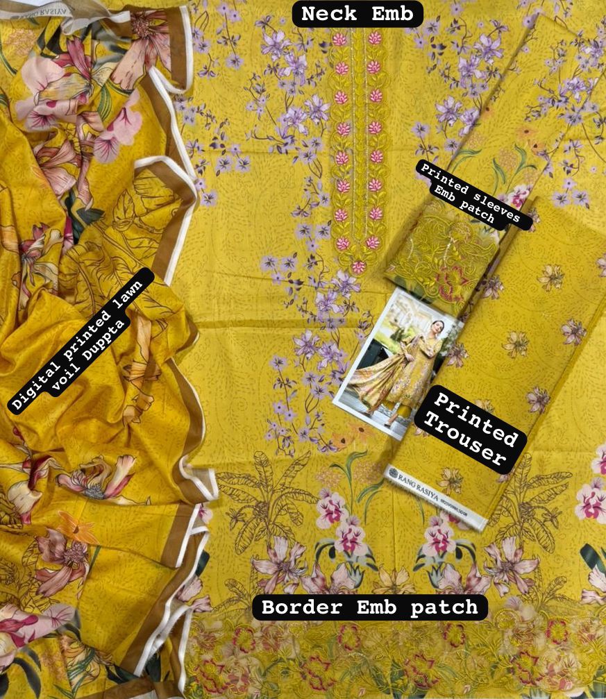Rang Rasiya MOST DEMANDING EDITION, 03PCS UNSTITCHED SUIT,FABRIC lawn90/88*