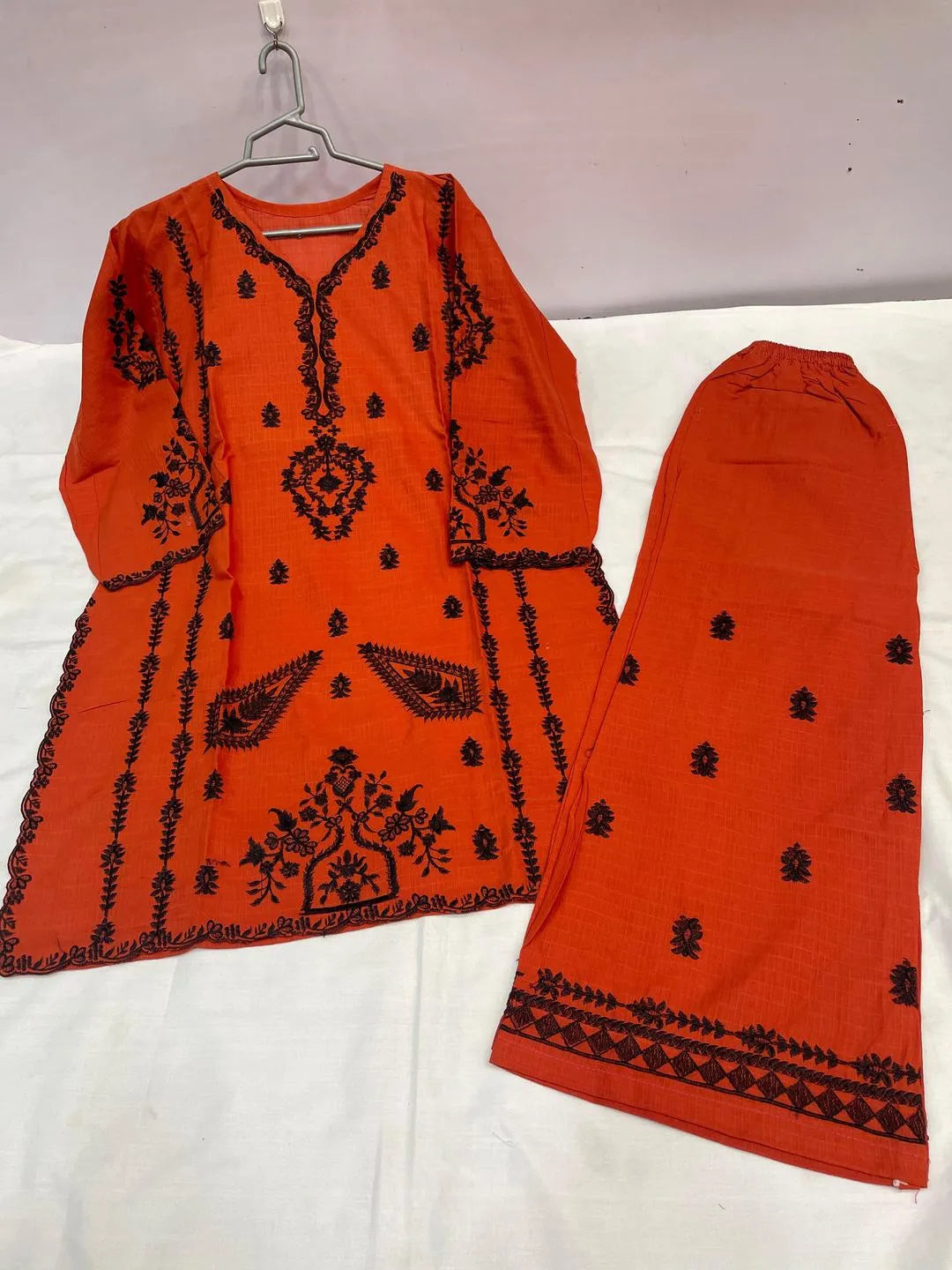 Cotton  Lawn, kurta set embroidered orange colour, 2pc
