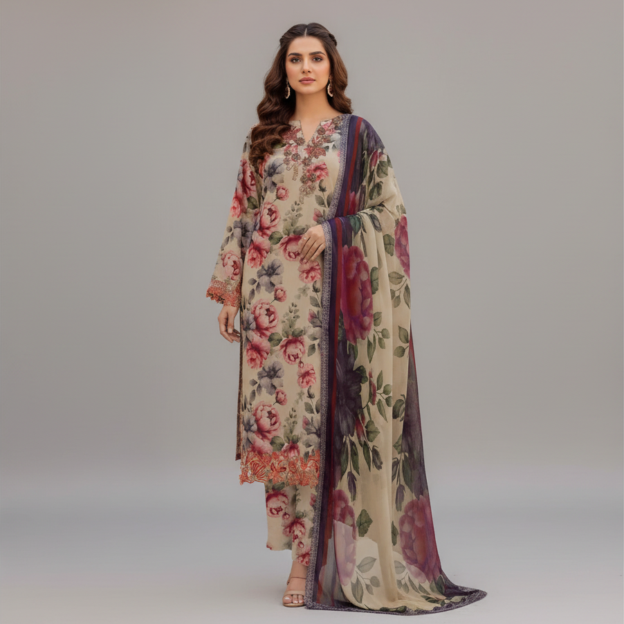 Nureh Summer outfit
Lawn collection 2026, 03 PCS unstitched* printed lawn 90/70*