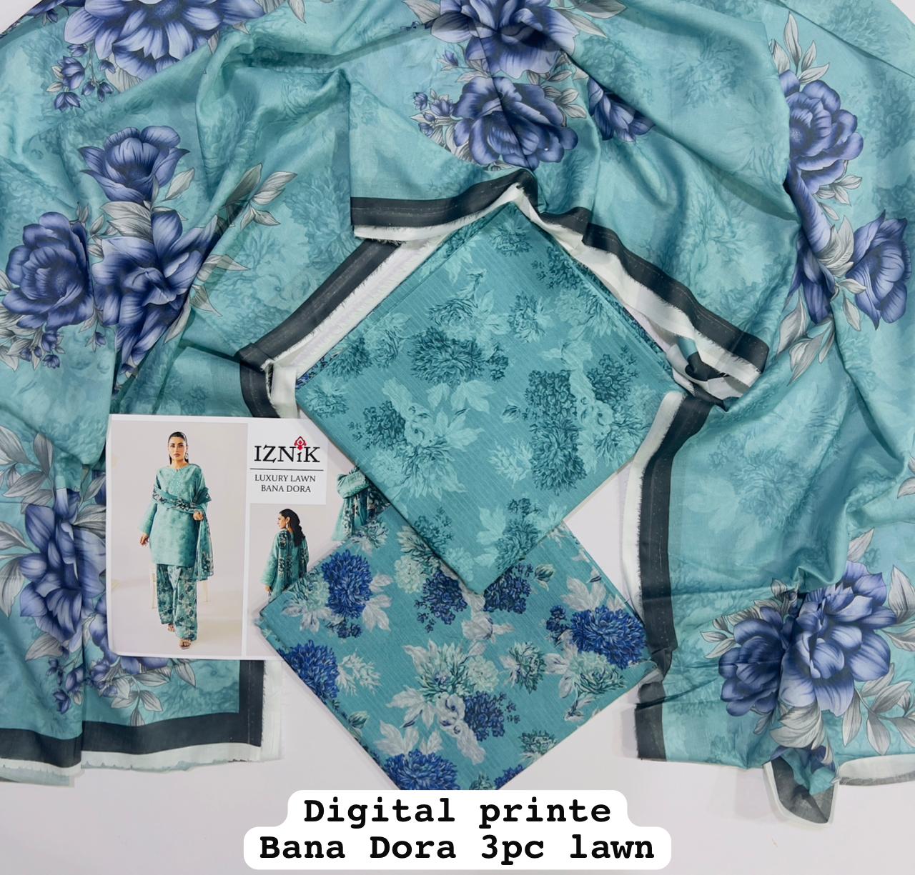 Iznik 03PCS, FABRIC Digital printed Bana Dora Lawn 90/88*