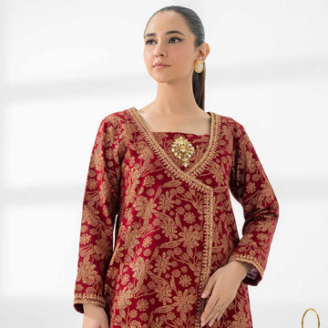 Red-Gold Khaddar Angrakha- Embroidered pret Hot Sale!