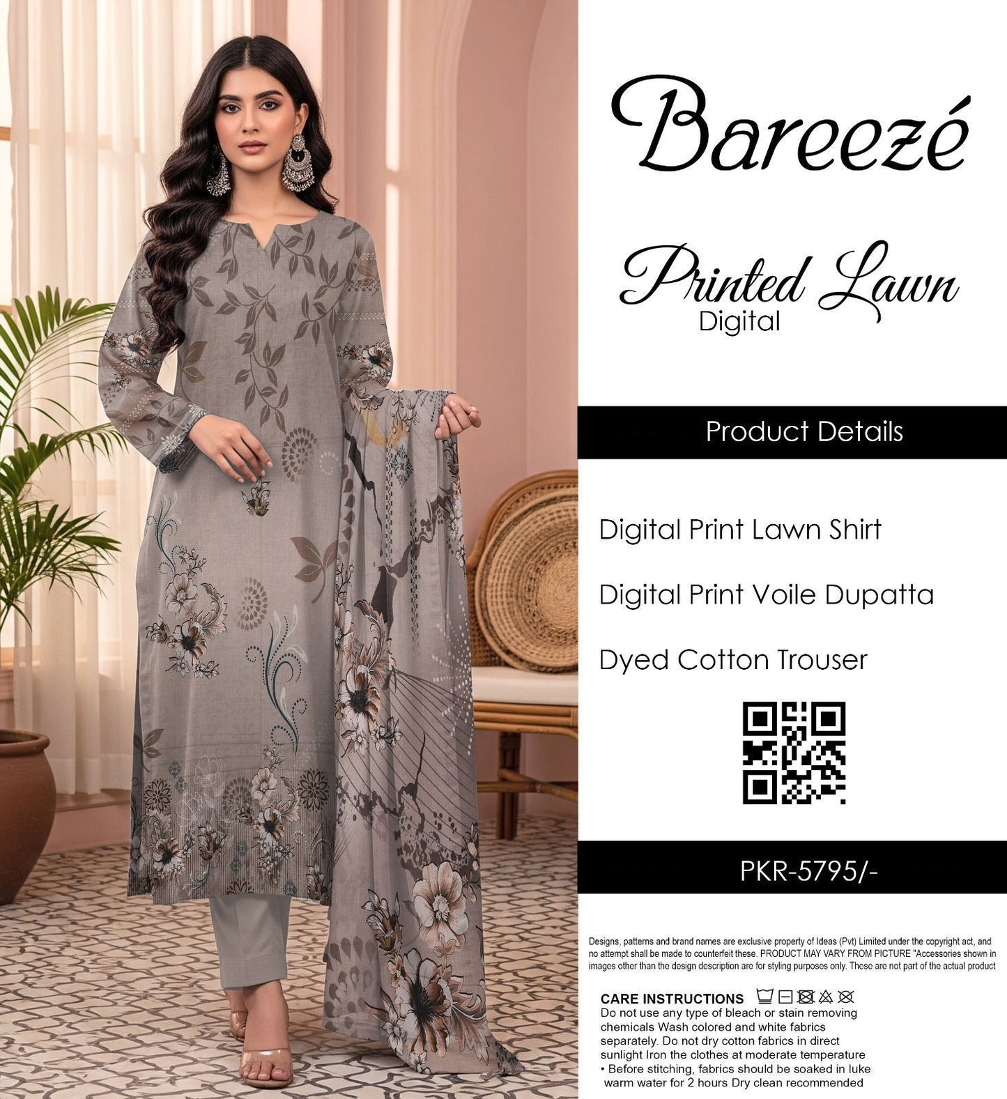 Bareezé printed lawn shirt, voille dupatta, dyed cotton trouser