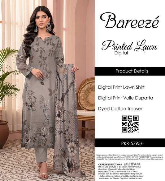 Bareezé printed lawn shirt, voille dupatta, dyed cotton trouser