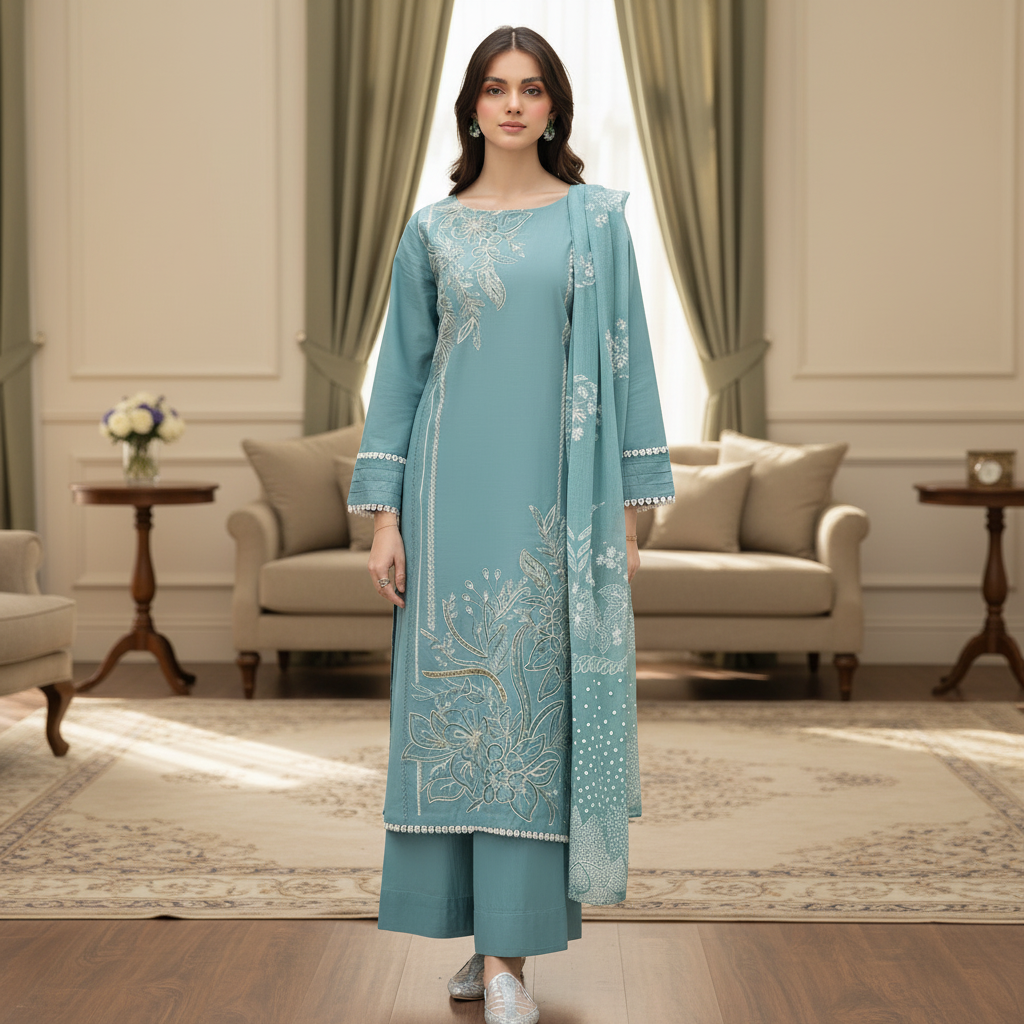 Stitched premium lawn front embroidered