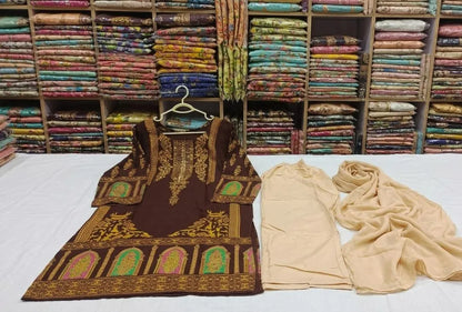 Arabic lawn, printed suit with chiffon dupatta brown block
