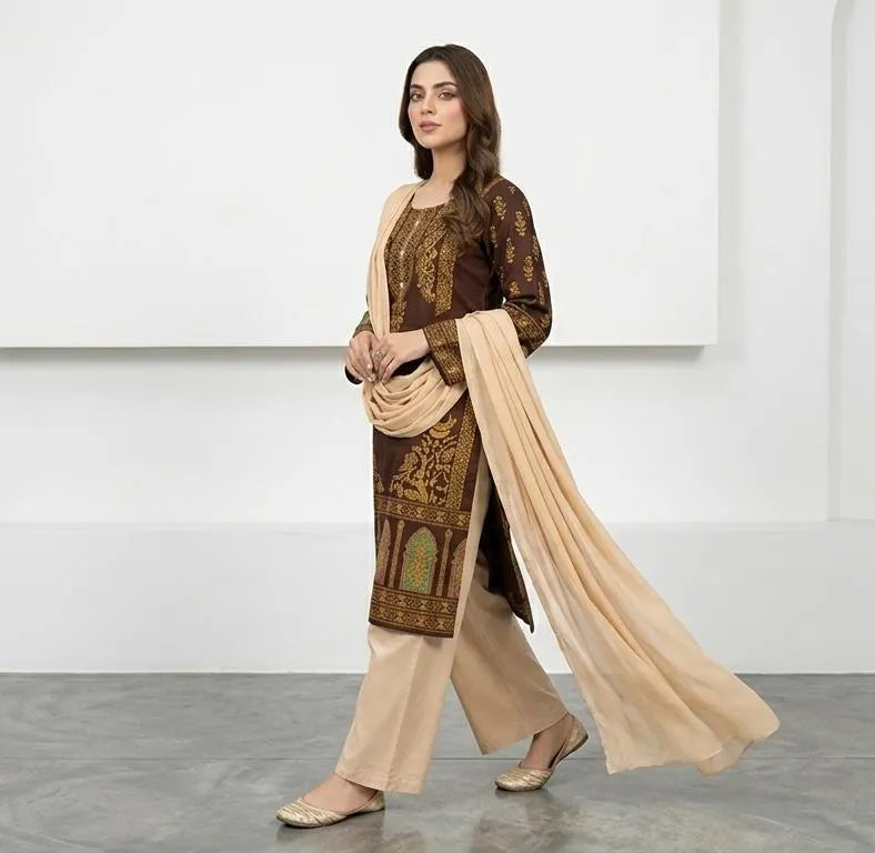 Arabic lawn, printed suit with chiffon dupatta brown block