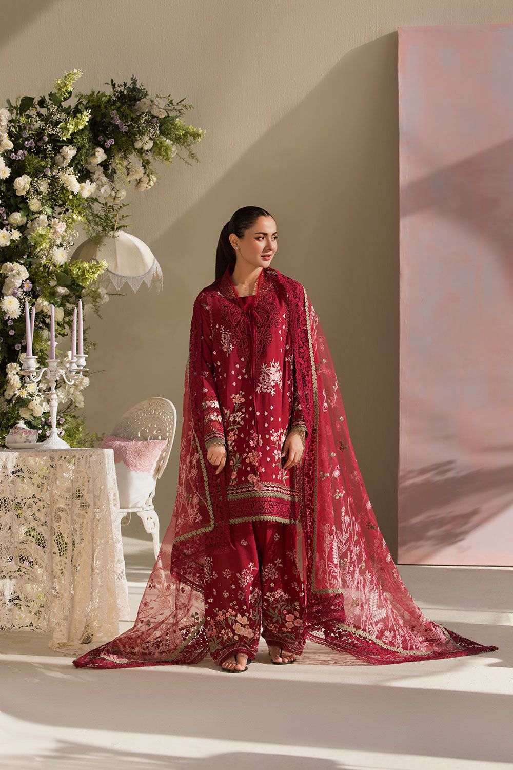 Sobia Nazir offers a premium lawn shirt featuring an intricately embroidered neck and a heavily embroidered front.