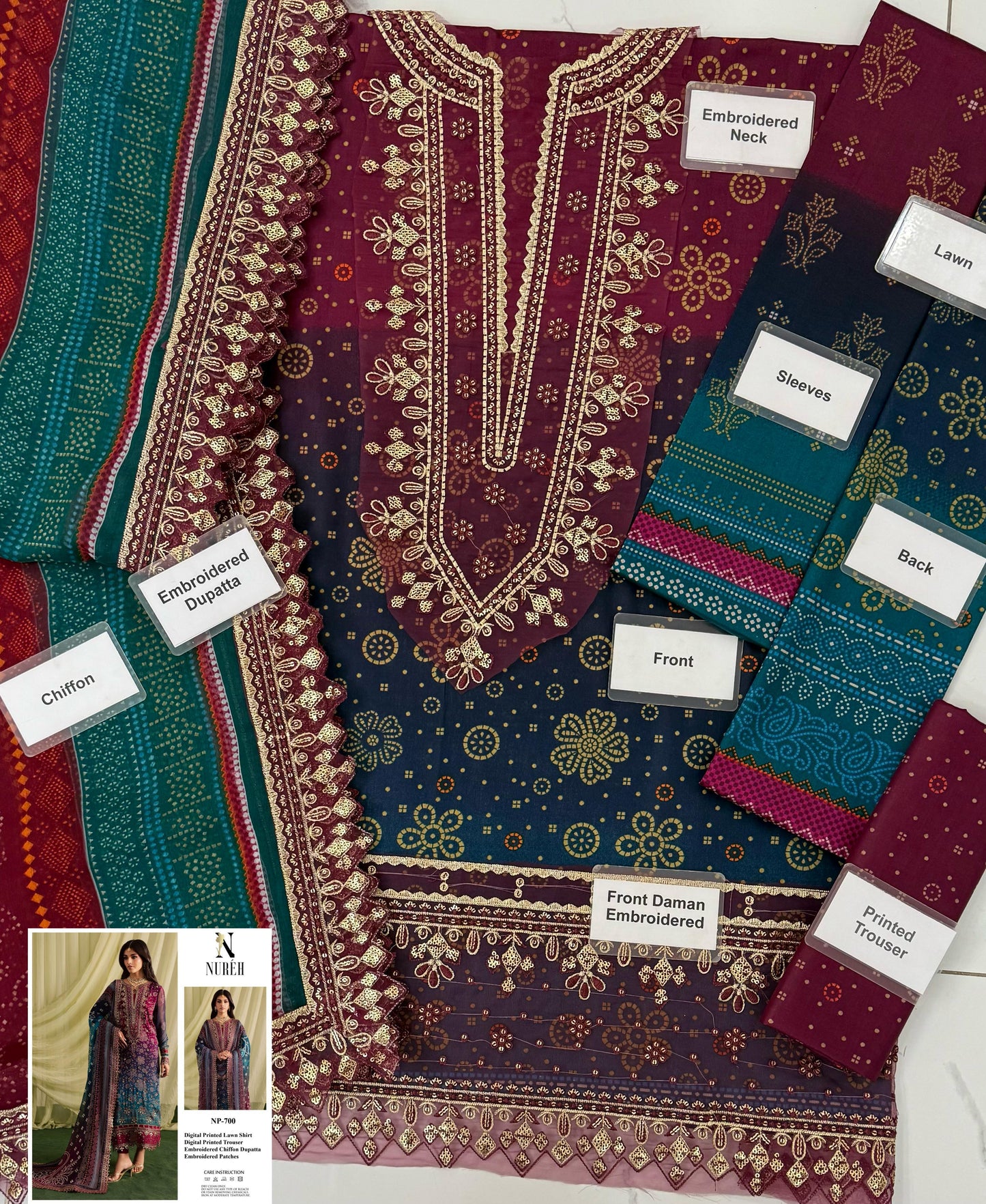 Nureh, Eid Collection,Lawn & Chiffon, unstitched 3Pcs