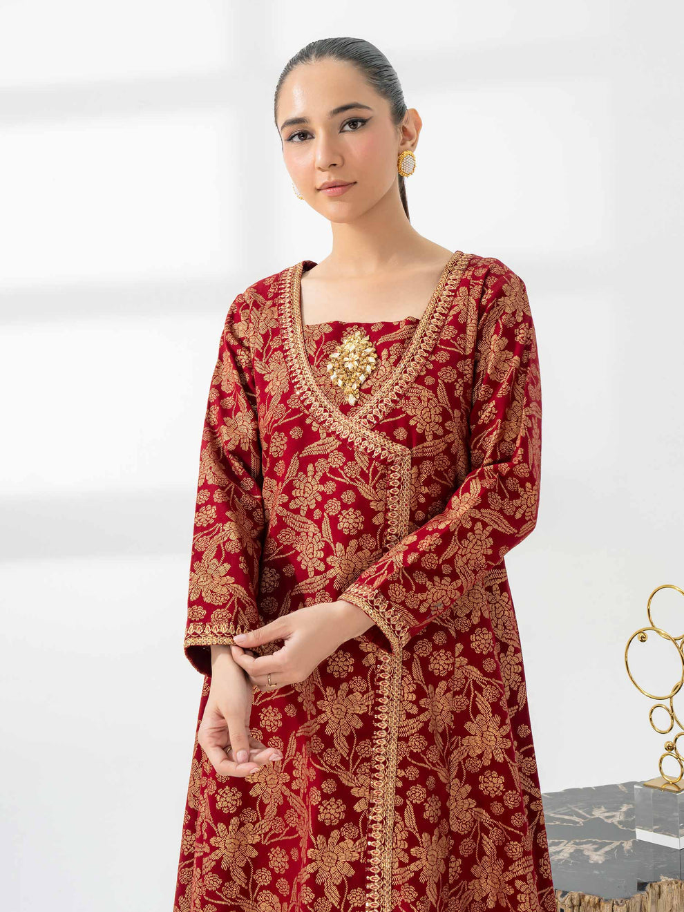 Red-Gold Khaddar Angrakha- Embroidered pret Hot Sale!