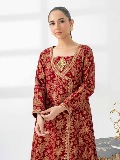 Red-Gold Khaddar Angrakha- Embroidered pret Hot Sale!