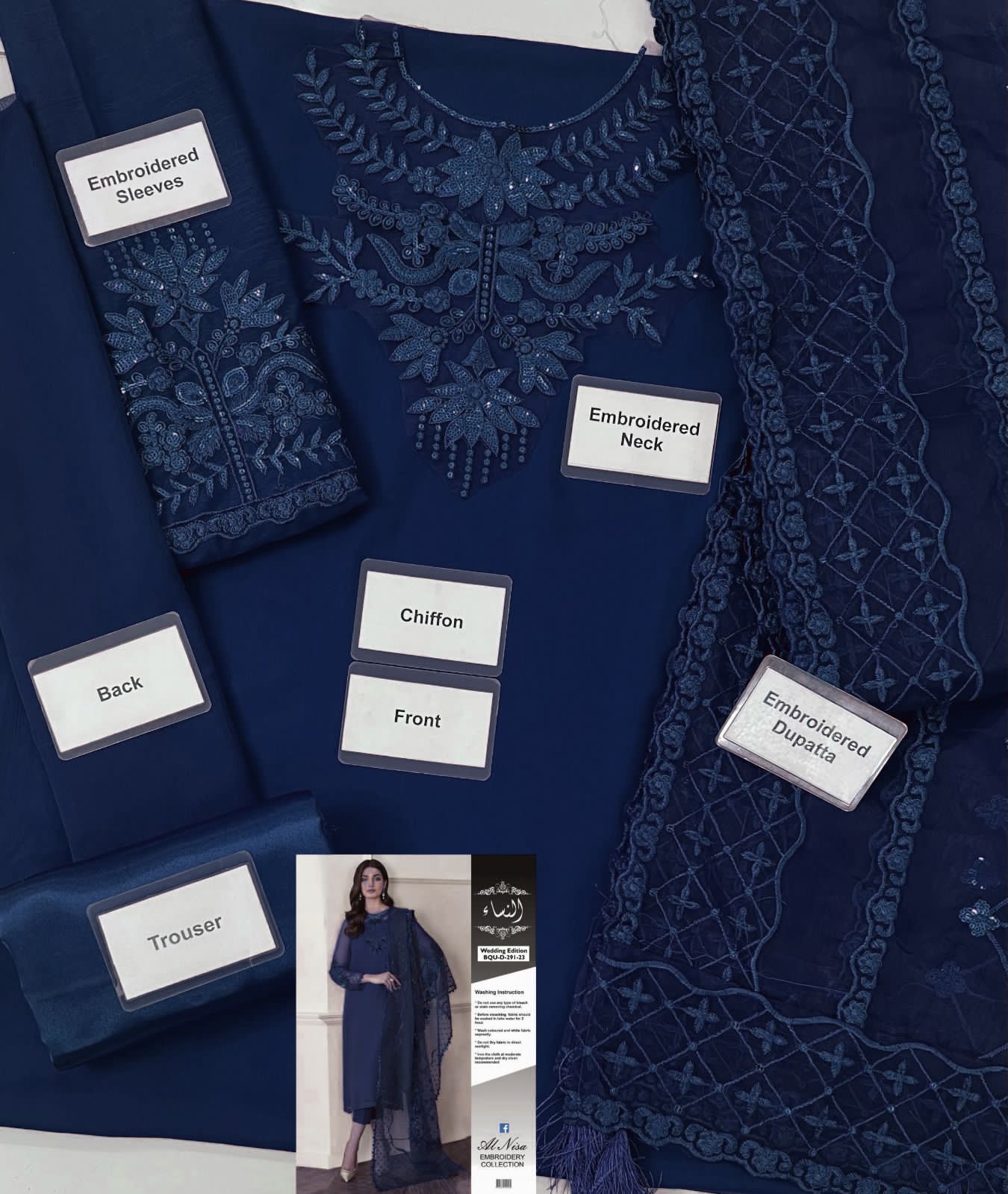 Baroque, Premium  Chiffon Front and Back, Embroidered Neck Patch & Sleeves, 3PCs
