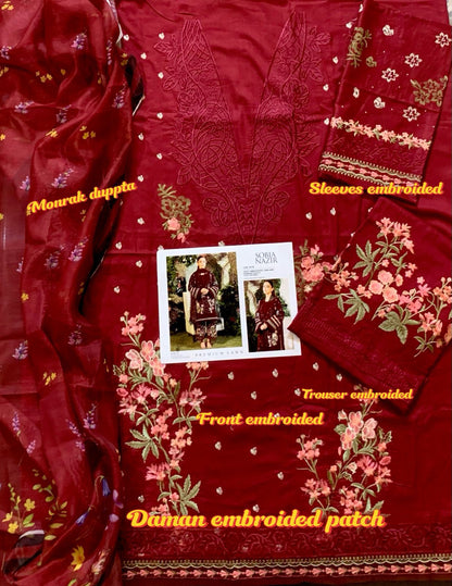 Sobia Nazir offers a premium lawn shirt featuring an intricately embroidered neck and a heavily embroidered front.