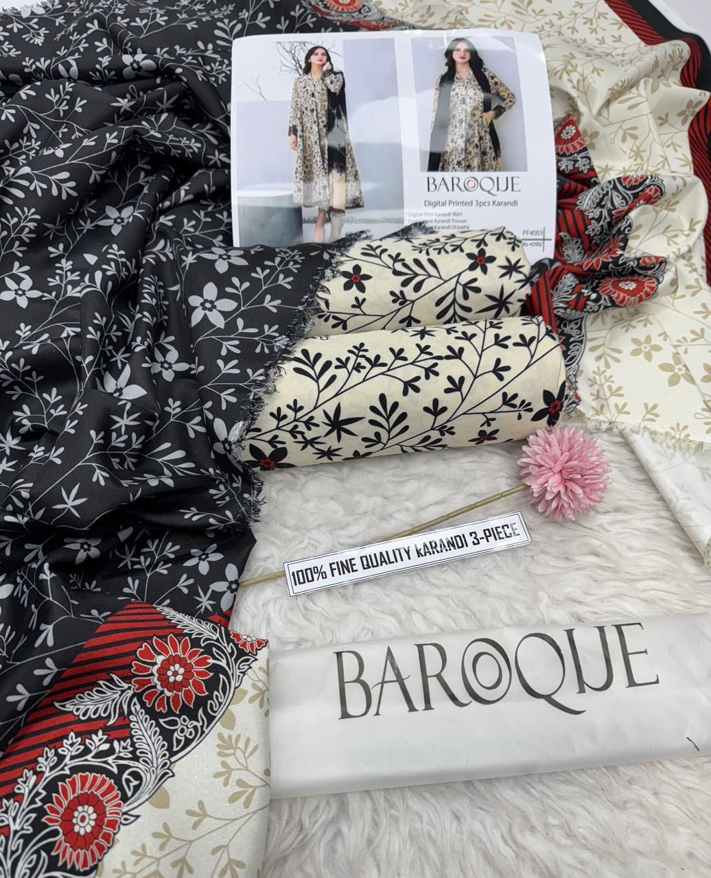 Ladies winter collection printed Karandi (Dupatta, shirt, trouser, 3Pcs)