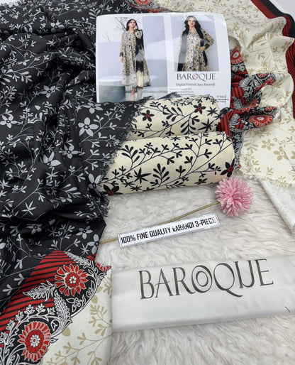 Ladies winter collection printed Karandi (Dupatta, shirt, trouser, 3Pcs)