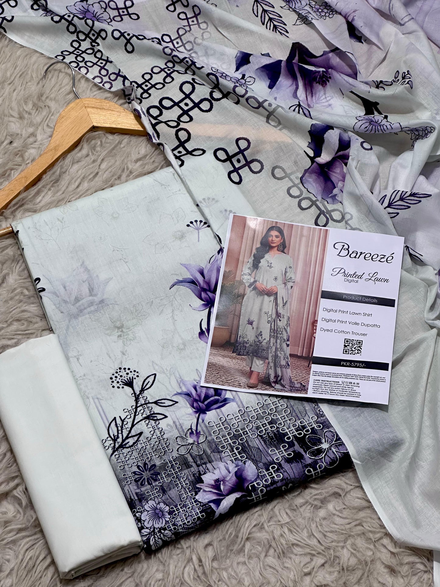 Bareezé printed lawn shirt, voille dupatta, dyed cotton trouser