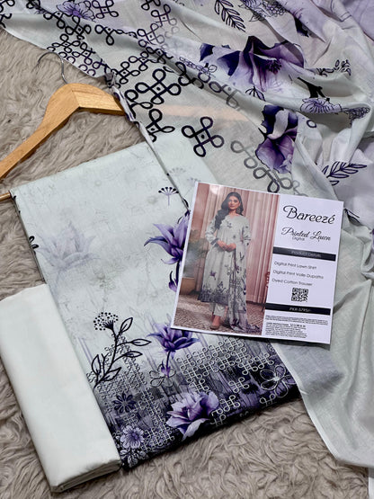Bareezé printed lawn shirt, voille dupatta, dyed cotton trouser