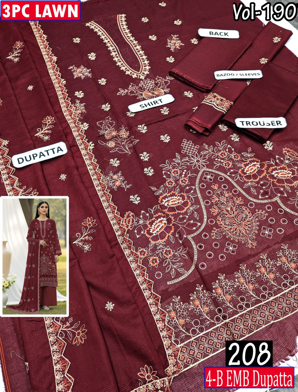 ESHAAL 3PC EMBR SEQUIN DAMAN WORK 4-BORDER LAWN DUPATTA