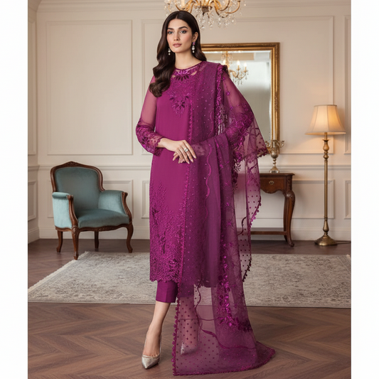 Baroque- chiffon embriodred Neck Patch & Chiffon Sleeves
