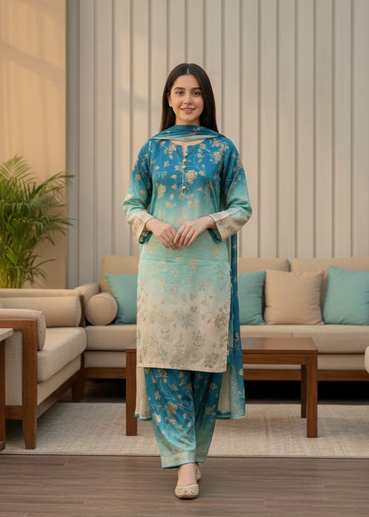 Shamooz Silk, 3PCs,Silk digital printed Dupaata