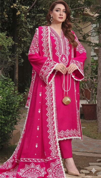 Aneela's Lawn 3-PCS Embroidered Vibrant Pink color
