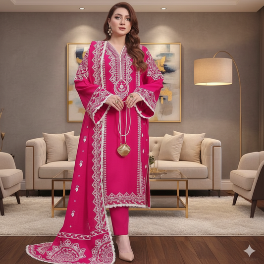 Aneela's Lawn 3-PCS Embroidered Vibrant Pink color