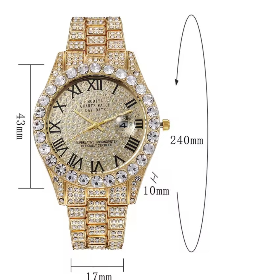 Men's classic steel strap, roman rhinestone calender