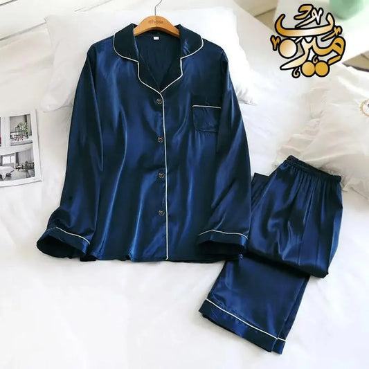 Navy blue color women's cotton stitched purple night suit 2pcs