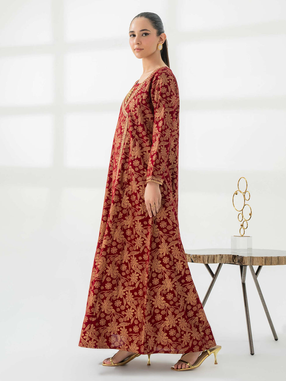 Red-Gold Khaddar Angrakha- Embroidered pret Hot Sale!
