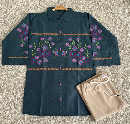 Summer Cotton Embroided Top with baggy jeans.