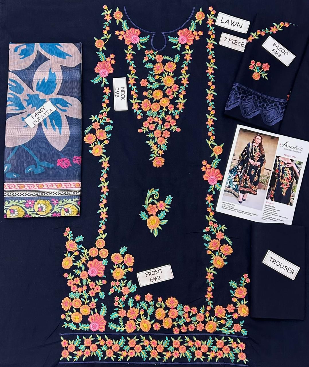 Aneela's embroidered lawn shirt and  printed Monark duppata