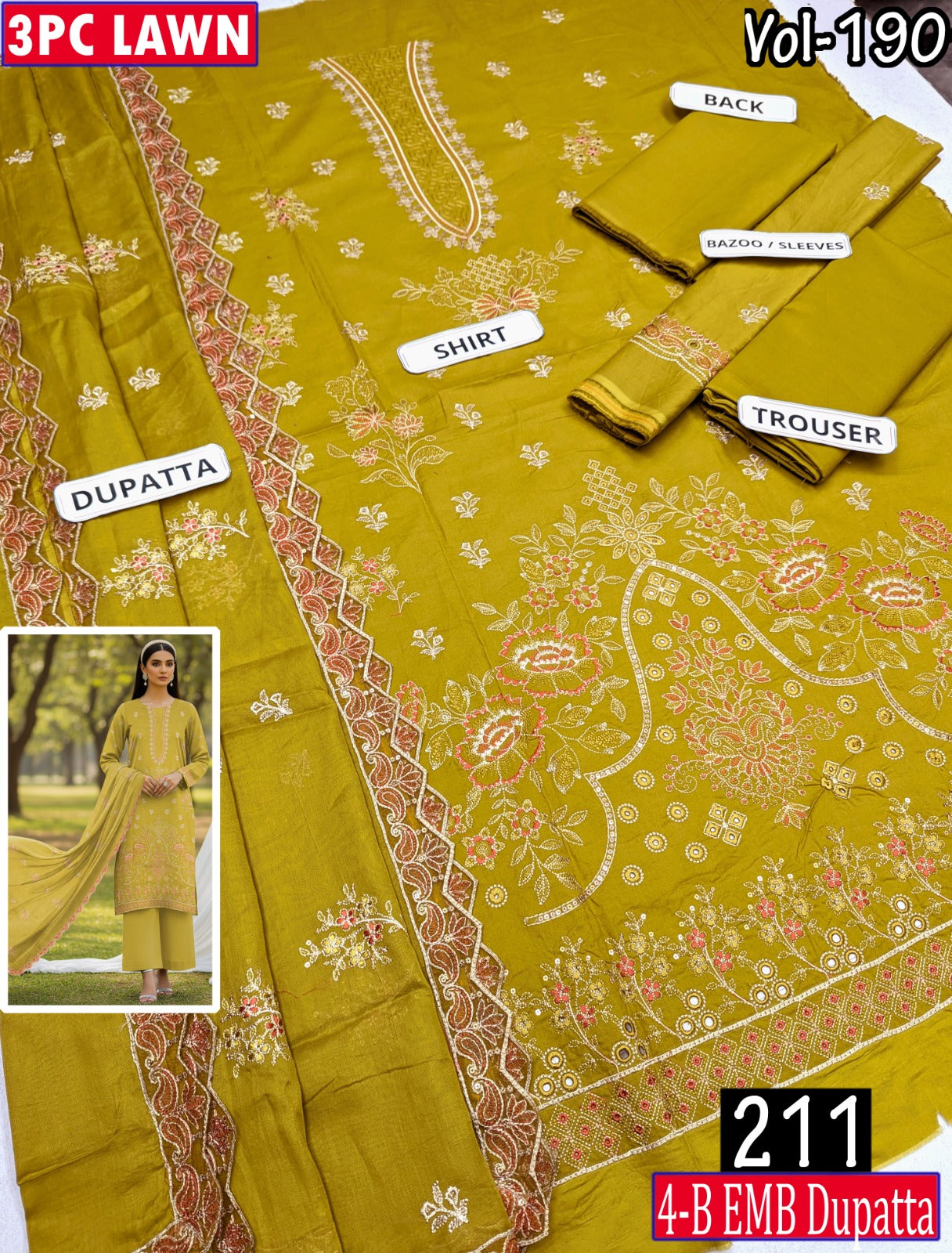 ESHAAL 3PC EMBR SEQUIN DAMAN WORK 4-BORDER LAWN DUPATTA