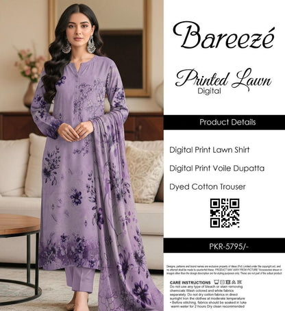 Bareezé printed lawn shirt, voille dupatta, dyed cotton trouser