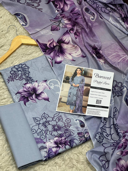 Bareezé printed lawn shirt, voille dupatta, dyed cotton trouser
