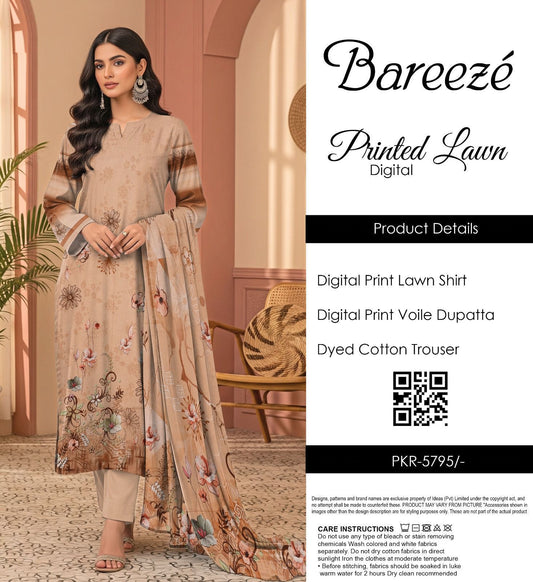 Bareezé printed lawn shirt, voille dupatta, dyed cotton trouser