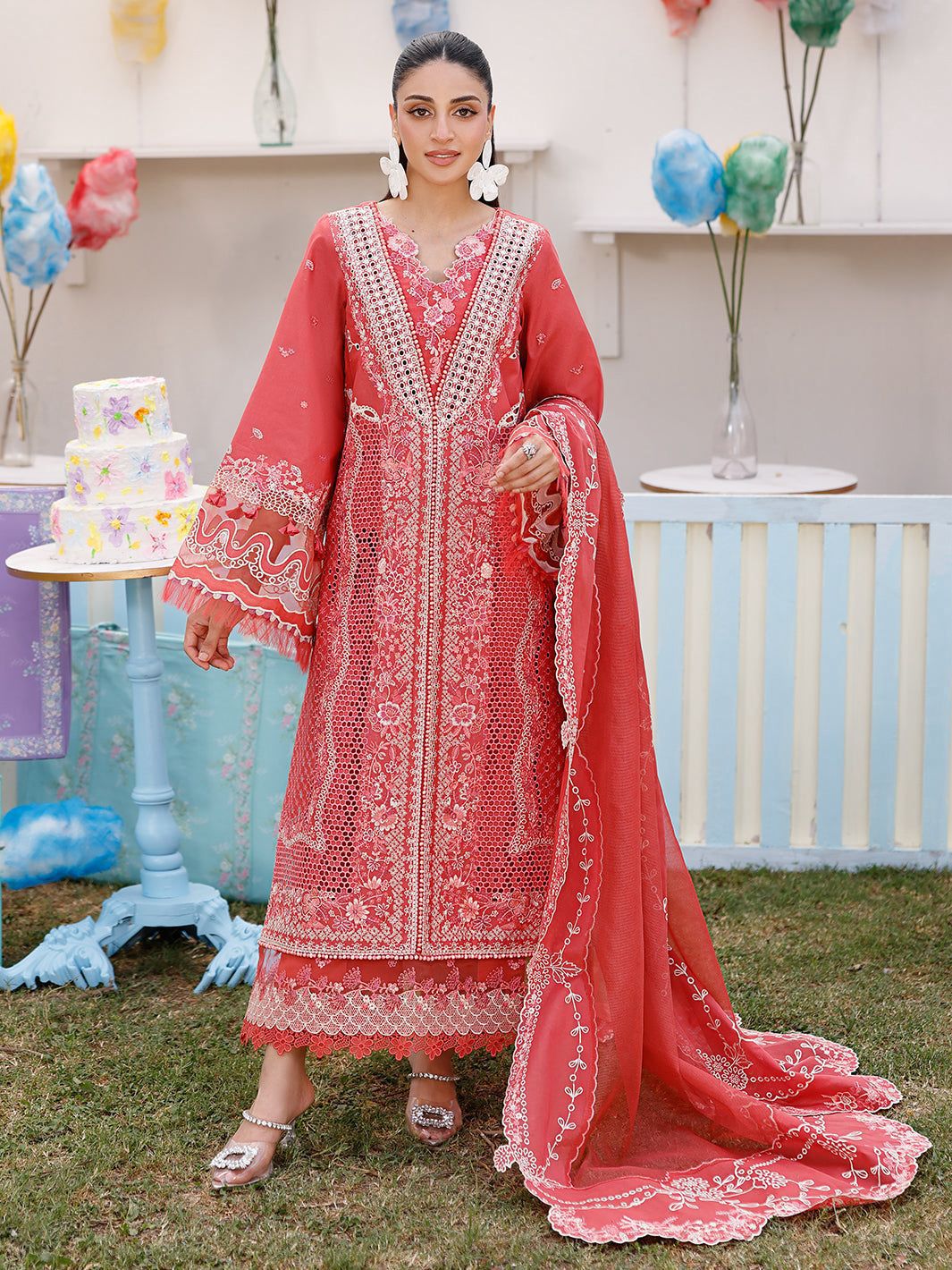 Bin-illyas, embroidered lawn shirt and trouser with cotton Net dupatta.